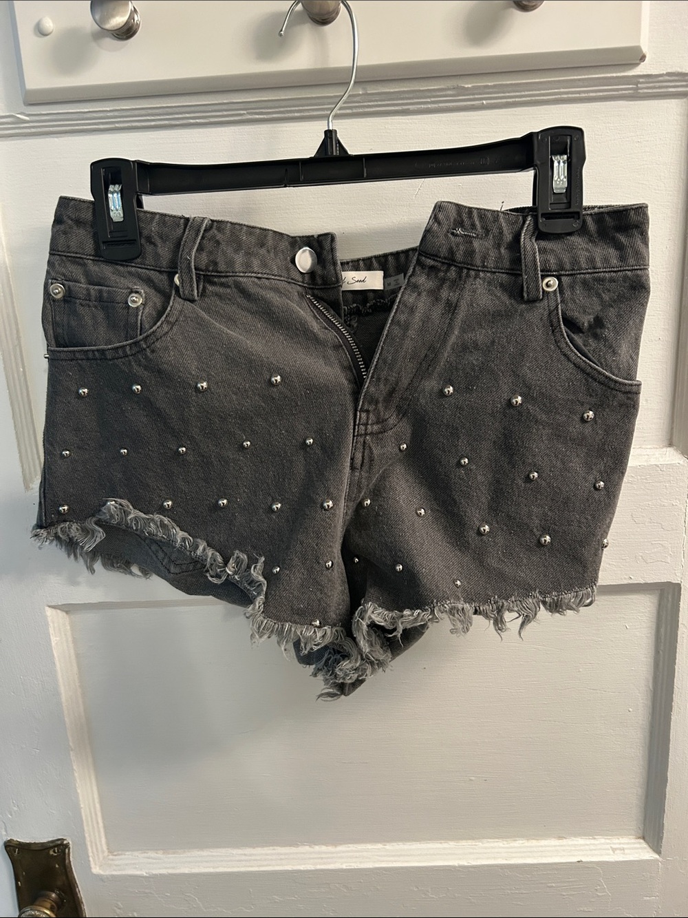 Mustard Seed Gray Studded Frayed Hem Denim Shorts